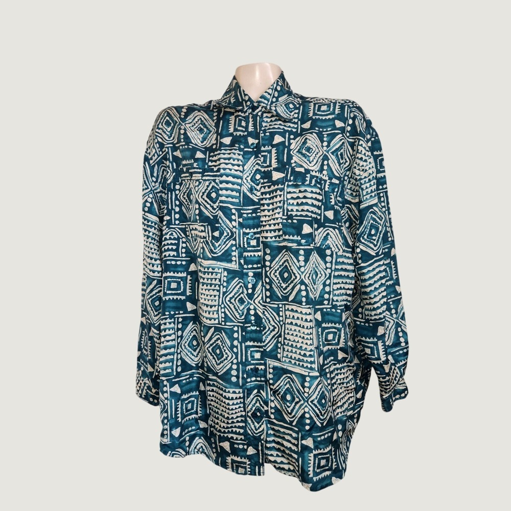 Newport News Womens Teal Geometric Silk Button Down Shirt Blouse A4091 M vintage